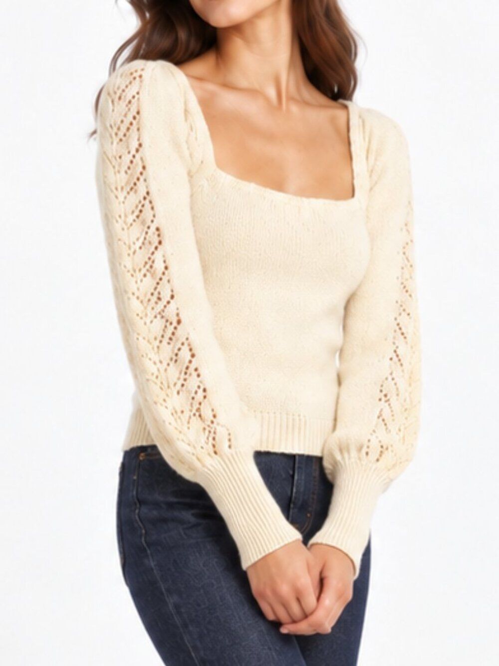 Rouje Paris Cream Virgin Wool Square Neck Pointelle Sleeve Sweater Size 36/4